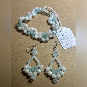 Hand crafted white moonstone and aquamarine gemstone bracelet and earrings set